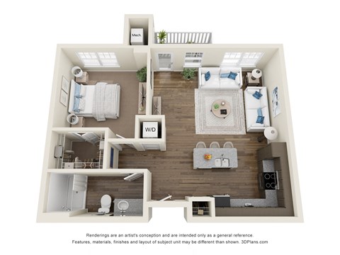 Floor plan for 1 bed, 1 bath, 743 sqft